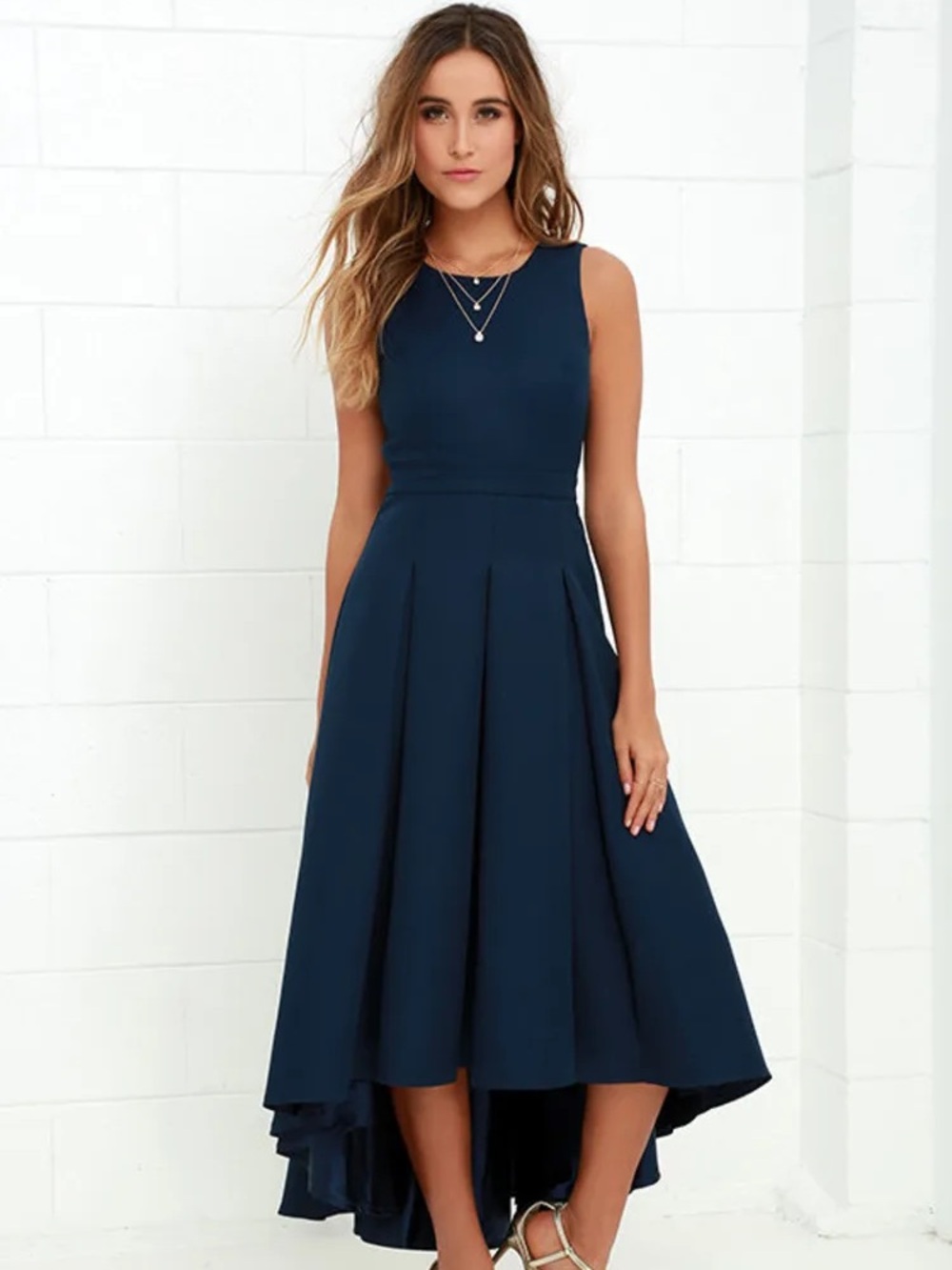 Lulus Women’s Sleeveless High-Low Navy Midi Dress